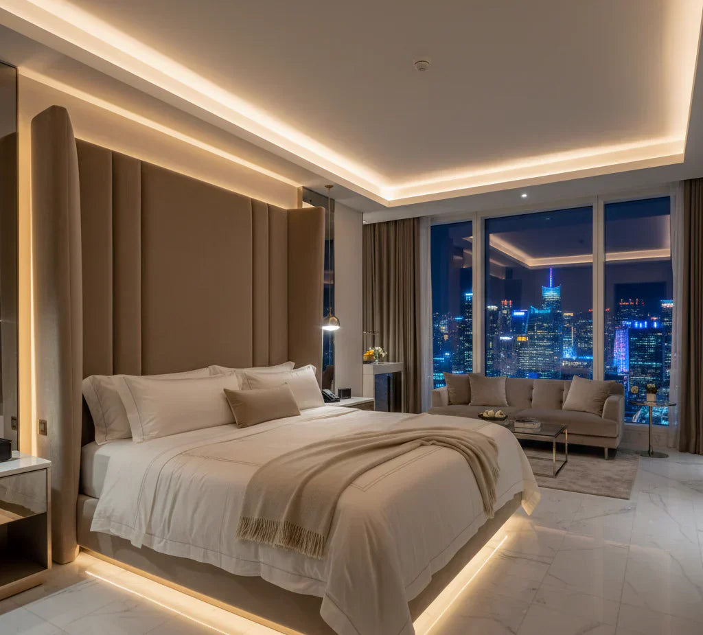 Interior de una suite de hotel de alta gama con suelos de mármol, ventanales de piso a techo con vista nocturna a la ciudad y una cama King Size premium de diseño sofisticado.