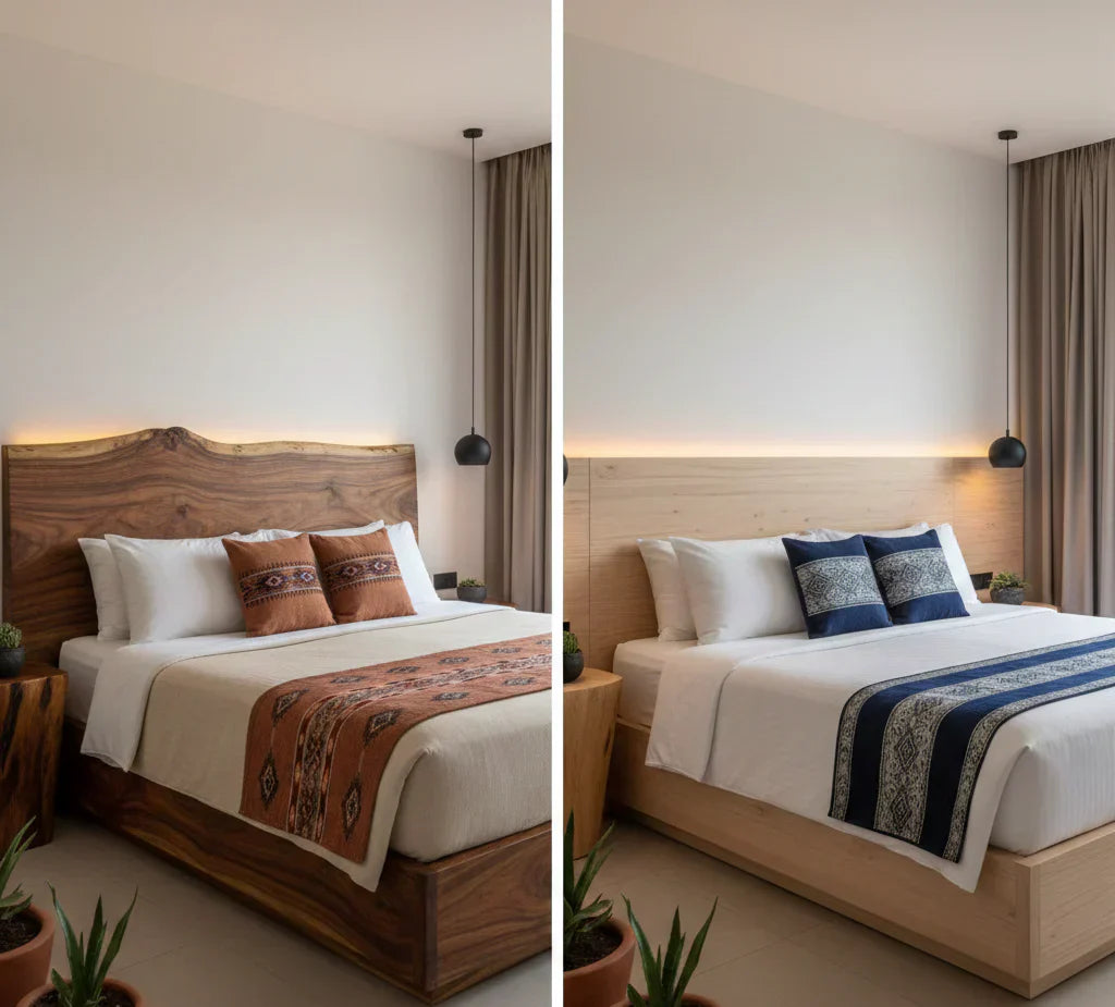 Comparativa de camas para hoteles boutique: a la izquierda, una cama de madera de parota con cabecera de borde natural (live edge) y textiles cálidos; a la derecha, una cama de madera de pino con diseño minimalista.