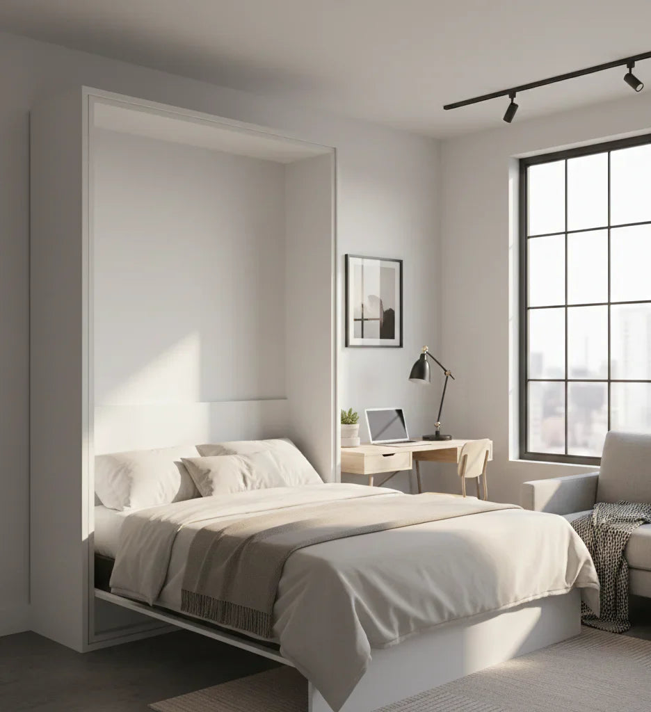 Cama plegable de diseño moderno en una oficina reconvertida a Airbnb; solución de mobiliario inteligente tendencia 2025 para maximizar la rentabilidad en espacios pequeños.