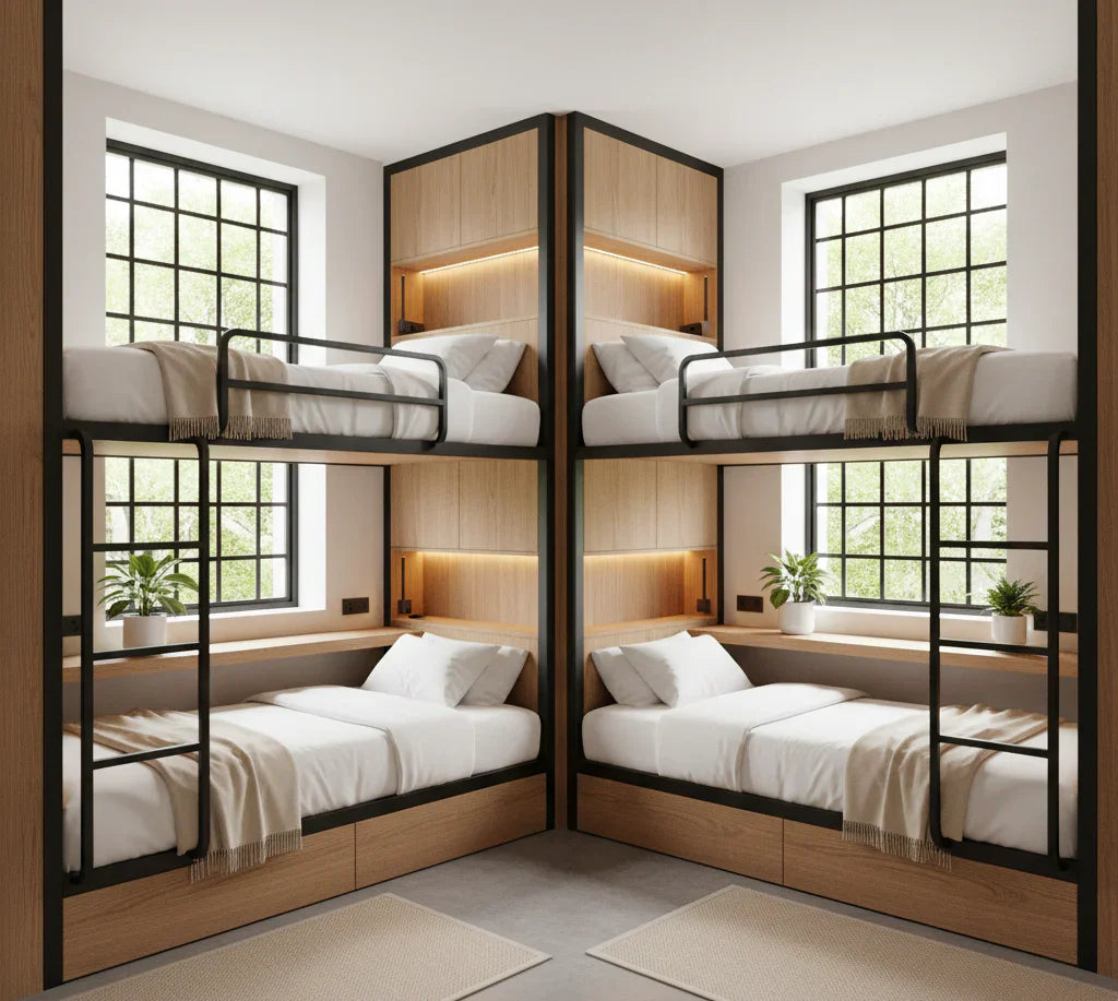 Habitación compartida moderna con literas integradas que optimizan el espacio mediante escritorios y nichos de almacenamiento personales