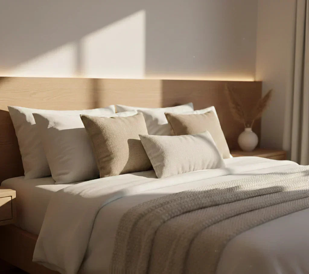 Diseño de cama acogedora con capas de textiles y acabados premium para optimizar el confort de los huéspedes en rentas vacacionales