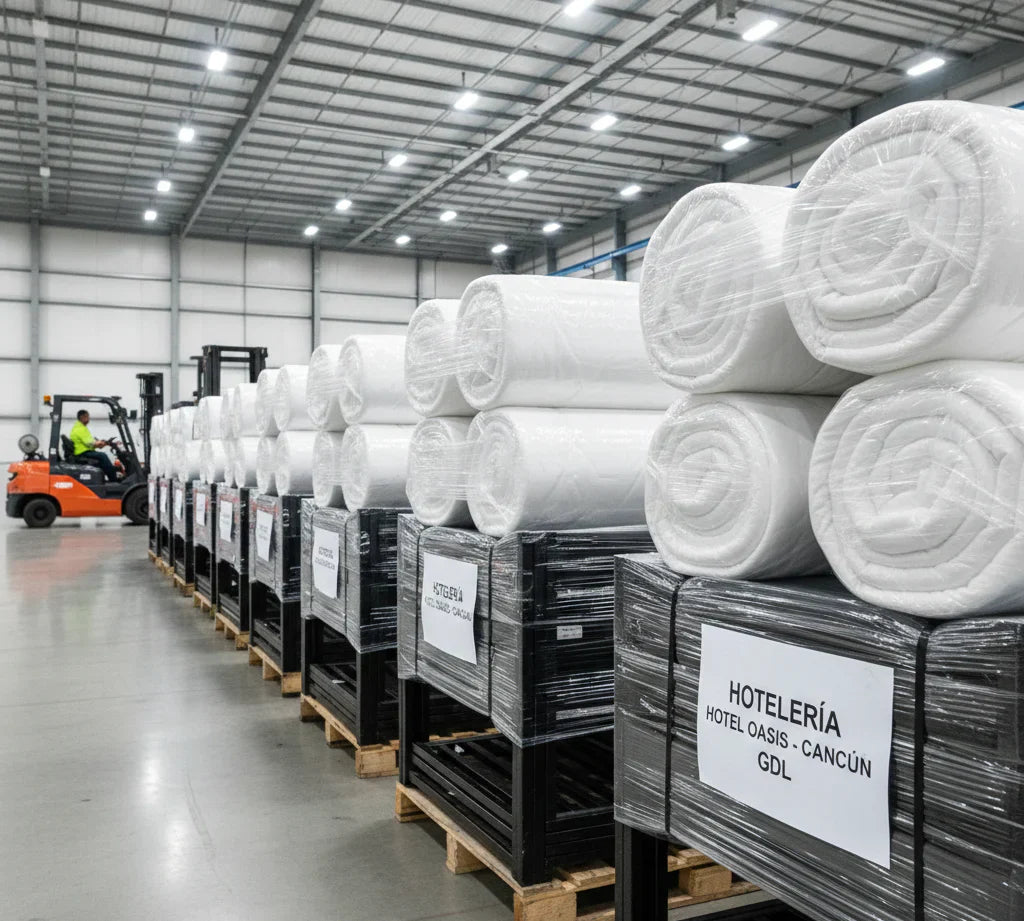 Inventario mayorista de camas y colchones para proyectos hoteleros, mostrando un sistema de empaquetado profesional y logística eficiente en México