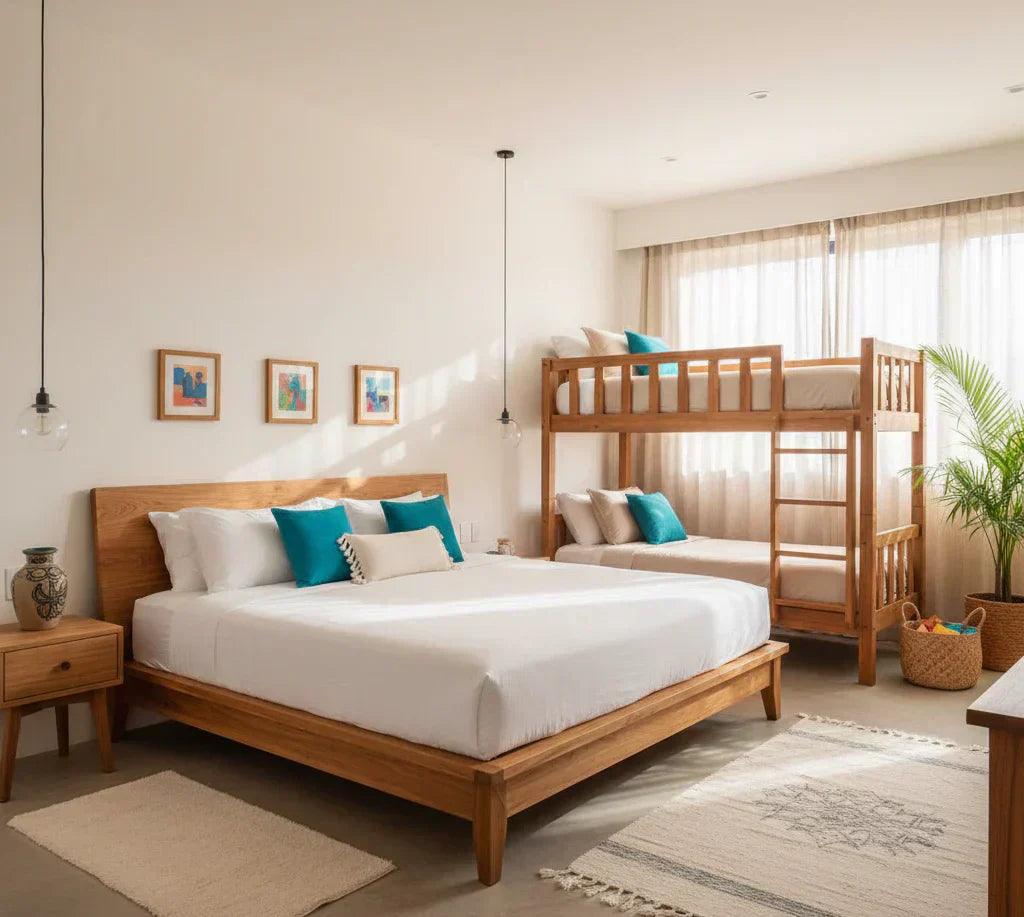 Recámara para Airbnb familiar en México con cama king size de madera maciza y litera integrada para niños