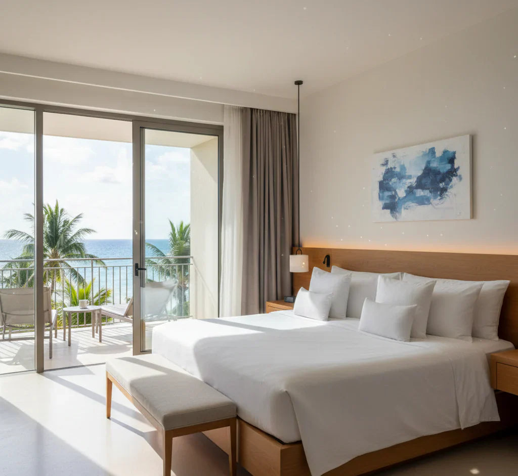 Recámara de lujo en hotel de Cancún con cama King Size frente al mar, sábanas blancas premium y balcón con vista al Caribe
