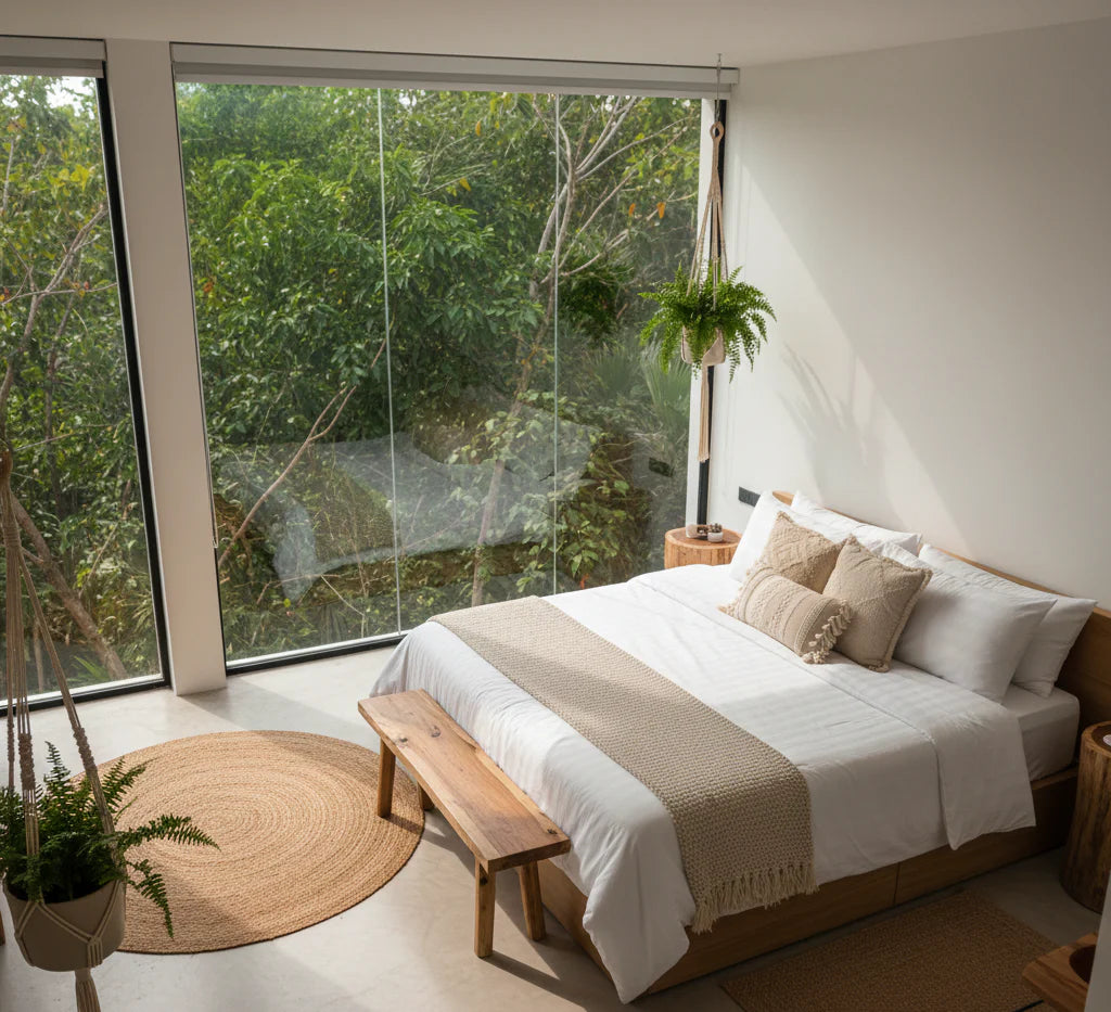 Cama de alta gama para Airbnb en Playa del Carmen con diseño tropical minimalista