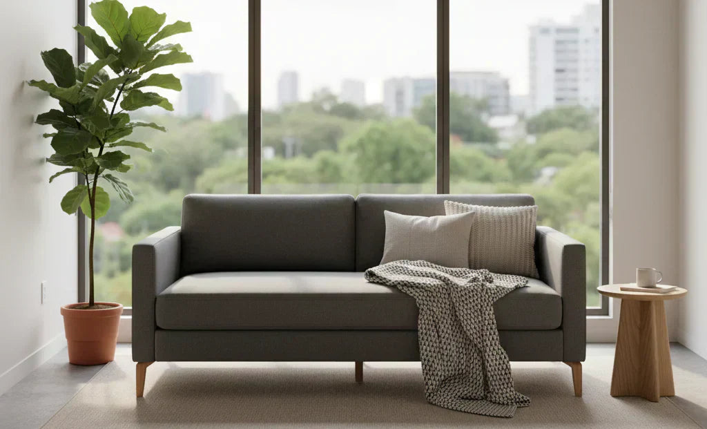 Sofá cama pequeño para departamento moderno; mobiliario multifuncional de alta gama con estética minimalista y decoración contemporánea en tonos neutros