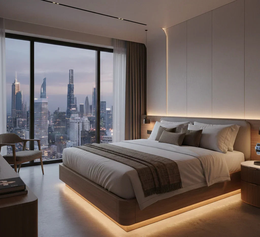 Cama de lujo para hotel 2026 con cabecera de madera natural, textiles inteligentes y sistema de iluminación integrada